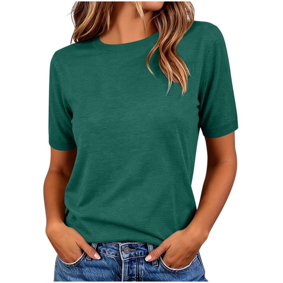 Miluxas Women's Soft Knitted Short Sleeve T Shirts Crewneck Solid Color Loose Tunic Shirts Work office Casual Sweater Tops Summer Trendy Tees Green