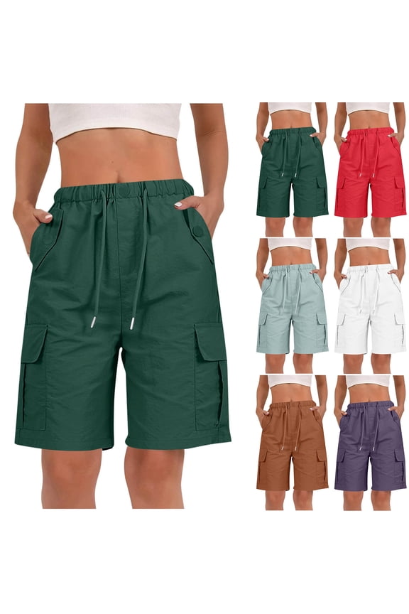 Women's Solid Cargo Bermuda Shorts Ladies Knee Length Athletic Wide Leg Shorts Summer Casual Drawstring Elastic Hiking Fishing Shorts with Pockets White