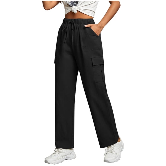 Miluxas Women's Solid Cargo Pants Elastic Waist Drawstring Straight Leg Pants Loose Fit Casual Trousers with Pockets for Spring Summer Daily Wear Black
