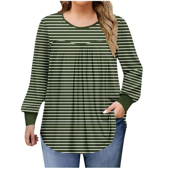 Miluxas Women's Solid Color Basic Plus Size Stripe Print Tees Long Sleeve Pleated Round Neck Casual Shirts Loose Daily Blouses Army Green XXXL(XXXL)