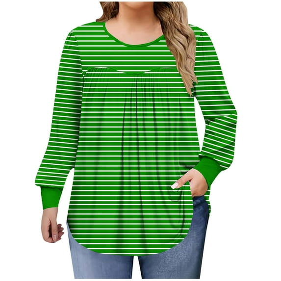 Miluxas Women's Solid Color Basic Plus Size Stripe Print Tees Long Sleeve Pleated Round Neck Casual Shirts Loose Daily Blouses Green XXXXL(XXXXL)