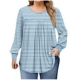 thumbnail image 1 of Miluxas Women's Solid Color Basic Plus Size Stripe Print Tees Long Sleeve Pleated Round Neck Casual Shirts Loose Daily Blouses Light Blue XL(XL), 1 of 6