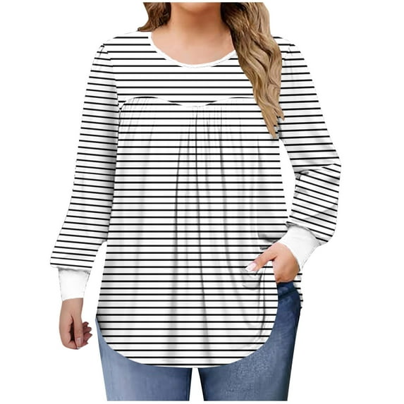 Miluxas Women's Solid Color Basic Plus Size Stripe Print Tees Long Sleeve Pleated Round Neck Casual Shirts Loose Daily Blouses White XXXXL(XXXXL)