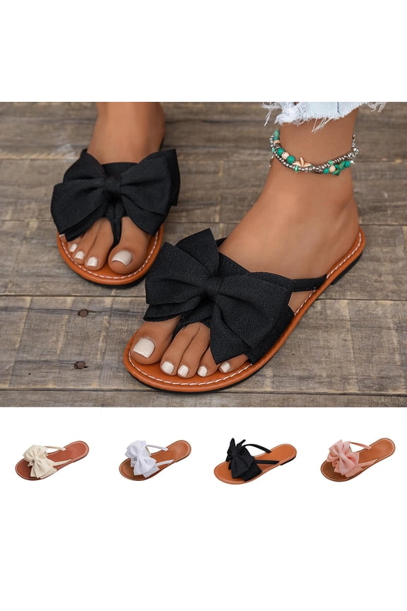 Women's Solid Color Bow Flat Sandals Slip On Open Toe Flip Flops Slide Sandal White 9.5(43)