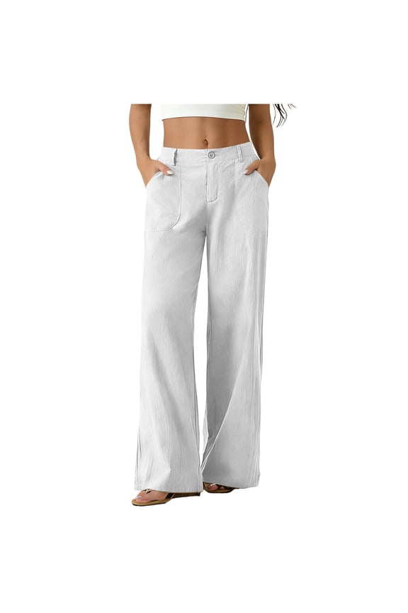 Women's Solid Color High Waist Wide Leg Pants Button Fly Loose Fit Trousers with Pockets office Daily Casual Wear White