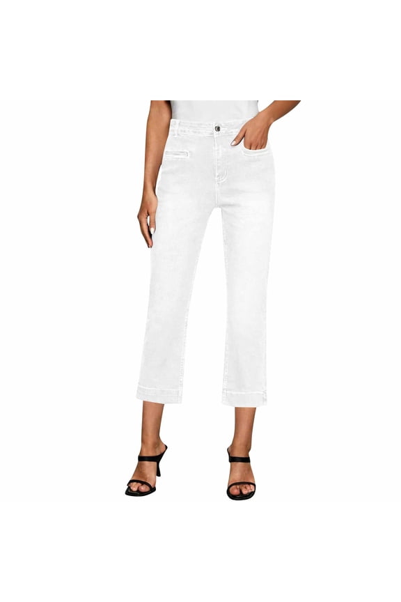 Women's Solid Color Straight Leg Denim Capri Pants High Waisted Slim Fit Jeans Trendy Casual Washed Jeans White