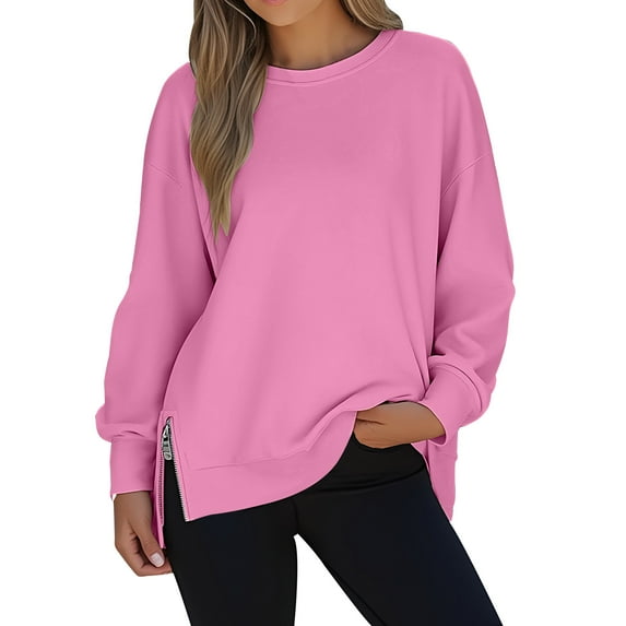 Miluxas Women's Solid Color Sweatshirts Loose Fit Side Zipper Round Neck Long Sleeve Pullover Shirt Classic Cozy Casual Blouse Pink L(L)