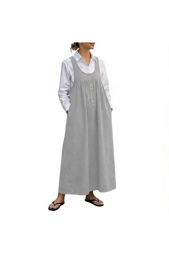 Women's Solid Cute Sleeveless Overall Dress Casual Round Neck Pleated Front Jumper Long Dress with Pockets Gray