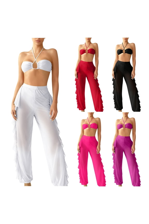Women's Solid Halter Sheer Bikini Sets with Ruffle Cover Up Pants Mesh Swimsuits Long Sheer Pants Bathing Suits White XL(XL)