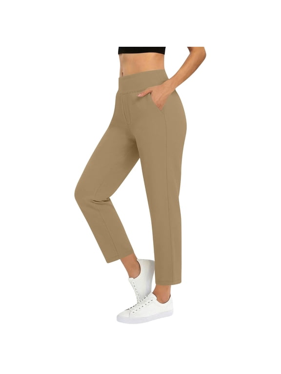 Women's Solid High Waisted Ankle Length Dress Pants Stretchy Pull on Straight Leg Work Casual Trousers with Pockets Khaki