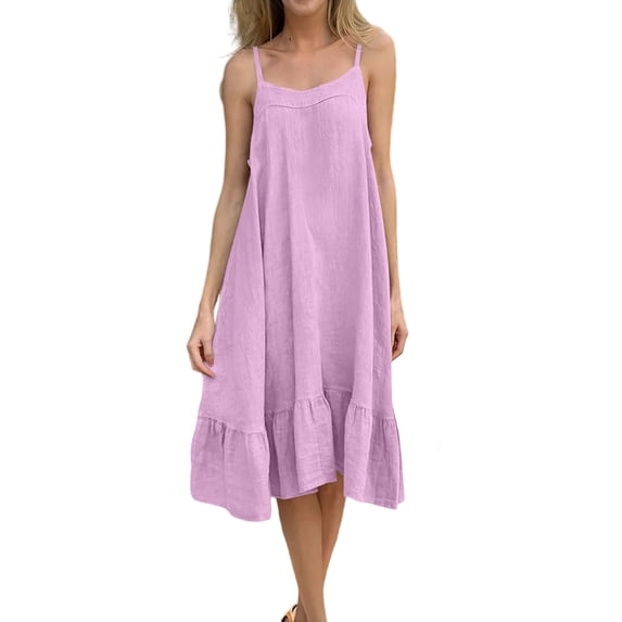 Miluxas Women's Solid Ruffle Hem Spaghetti Strap Midi Dress Square Neck Loose Fit Cami Shift Dress Summer Flowy Beach Dress Lounge Wear Pink