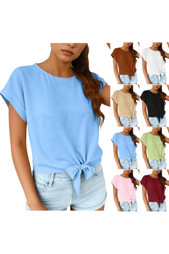 Women's Solid Short Sleeve Tie Knot Blouse Round Neck Rolled Cuffs Loose Fit Casual Summer T Shirts White
