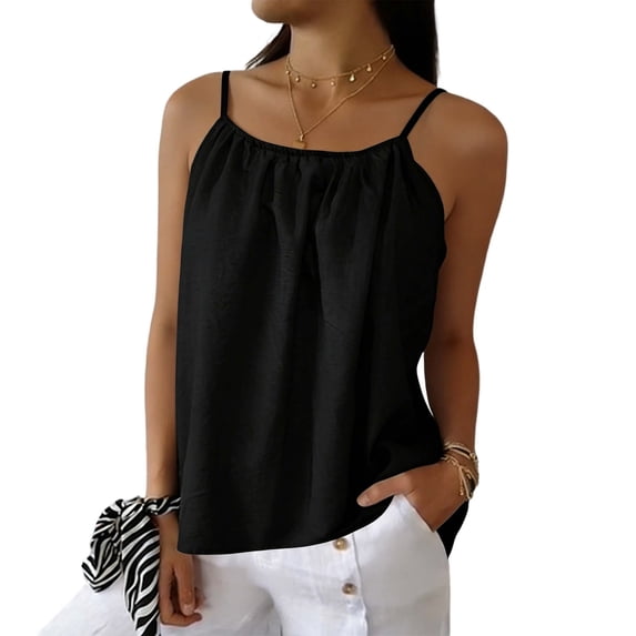 Miluxas Women's Solid Spaghetti Strap Cami Top Textured Ruched Casual Loose Fit Sleeveless Tank Tops Black