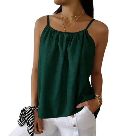 Miluxas Women's Solid Spaghetti Strap Cami Top Textured Ruched Casual Loose Fit Sleeveless Tank Tops Green
