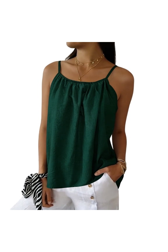 Women's Solid Spaghetti Strap Cami Top Textured Ruched Casual Loose Fit Sleeveless Tank Tops Green