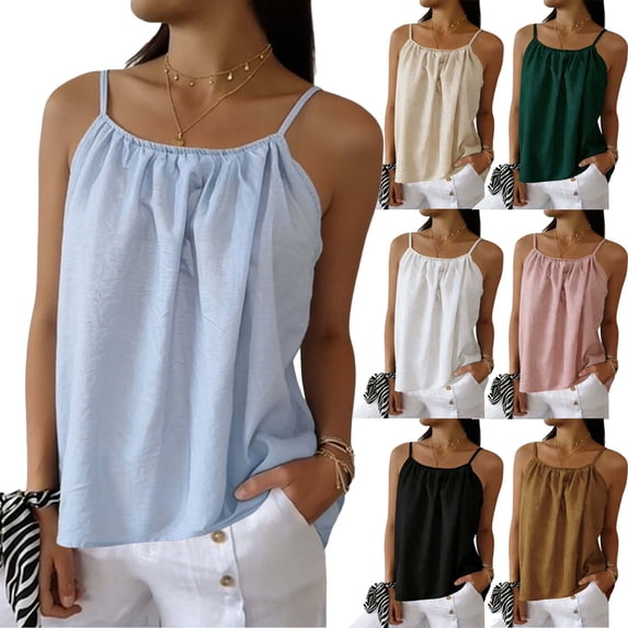 Miluxas Women's Solid Spaghetti Strap Cami Top Textured Ruched Casual Loose Fit Sleeveless Tank Tops White
