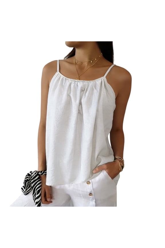 Women's Solid Spaghetti Strap Cami Top Textured Ruched Casual Loose Fit Sleeveless Tank Tops White