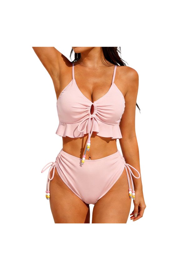 Women's Solid Sweet Ruffle Hem Bikini 2 Piece Set V Neck Tie Front Tops and High Waisted Side Tie Bottoms with Bead Detail Pink