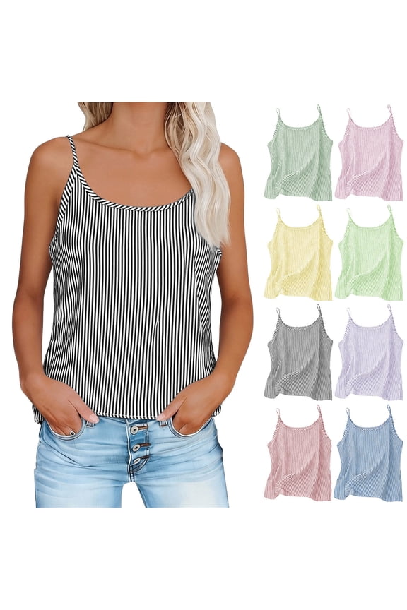 Women's Spaghetti Strap Cami Top Summer Vertical Striped Loose Fit Lightweight Sleeveless Tank Top Beach Vacation Outfits Yellow