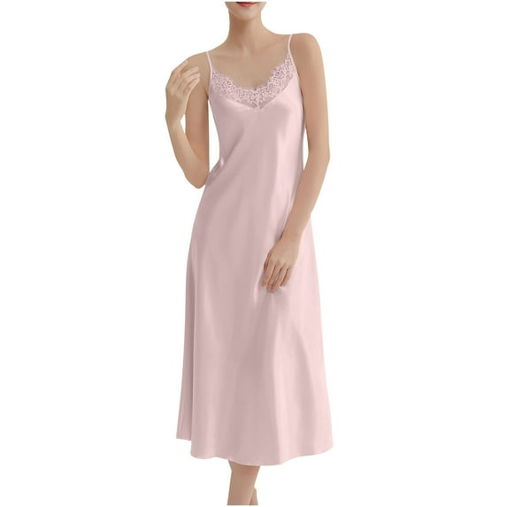 Miluxas Women's Spaghetti Strap Nightgown Sleeveless Long Sleep Dress Loose V Neck Chemise Sleepwear Pink XXL(XXL)