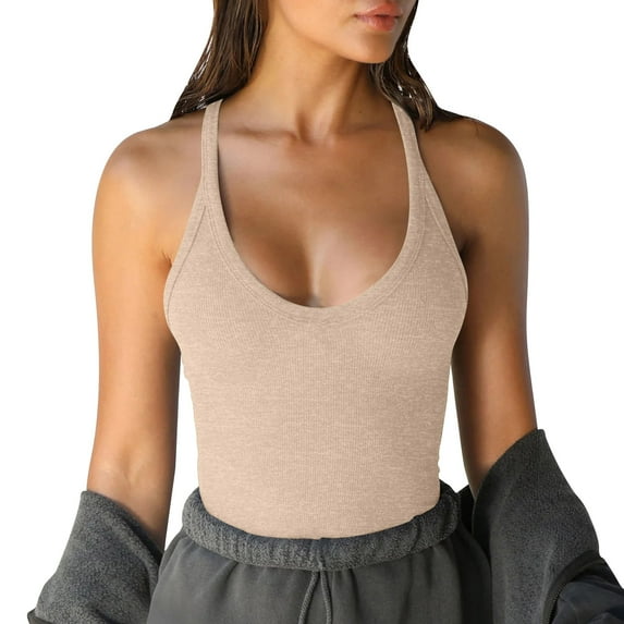 Miluxas Women's Spaghetti Strap Ribbed Tank Top Slim Workout Racerback Vest Scoop Neck Basic Cami Shirts Beige