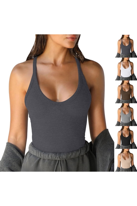 Women's Spaghetti Strap Ribbed Tank Top Slim Workout Racerback Vest Scoop Neck Basic Cami Shirts White