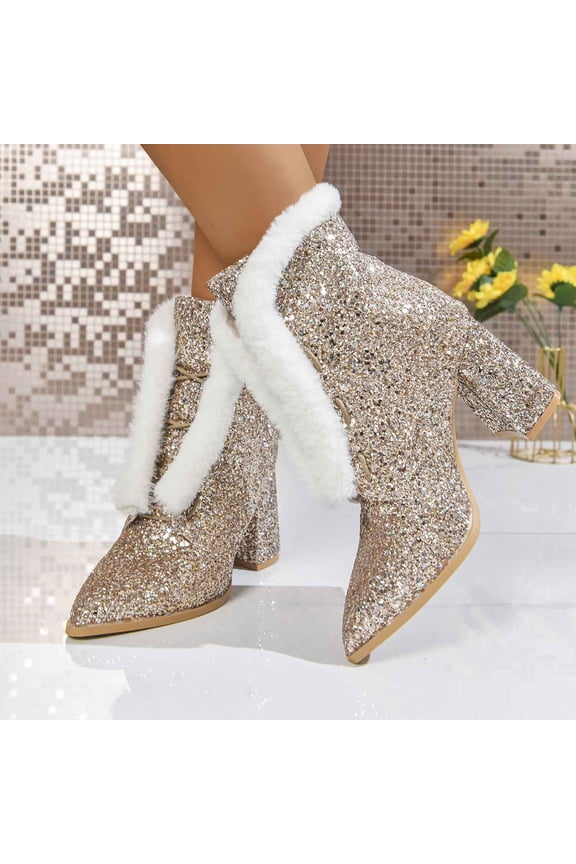 Women's Sparkly Glitter Ankle Boots Fleece Lace Up Pointed Toe High Block Heel Sequin Booties Gold 9(42)