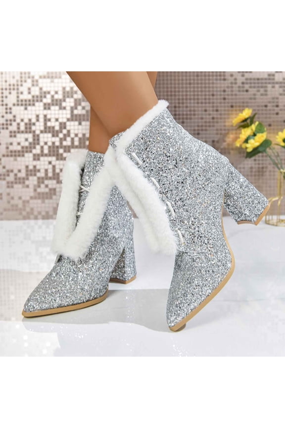 Women's Sparkly Glitter Ankle Boots Fleece Lace Up Pointed Toe High Block Heel Sequin Booties Silver 8.5(41)