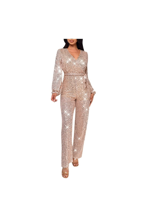 Women's Sparkly Jumpsuits Long Sleeve Cocktail Elegant Mock Neck Bodycon Straight Long Pants Rompers Rose Gold 8(L)