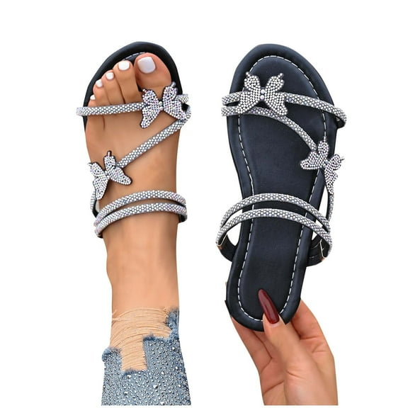 Miluxas Women's Sparkly Rhinestone Flat Sandals Glitter Bling Butterfly Strappy Open Toe Slides Black 8.5(41)