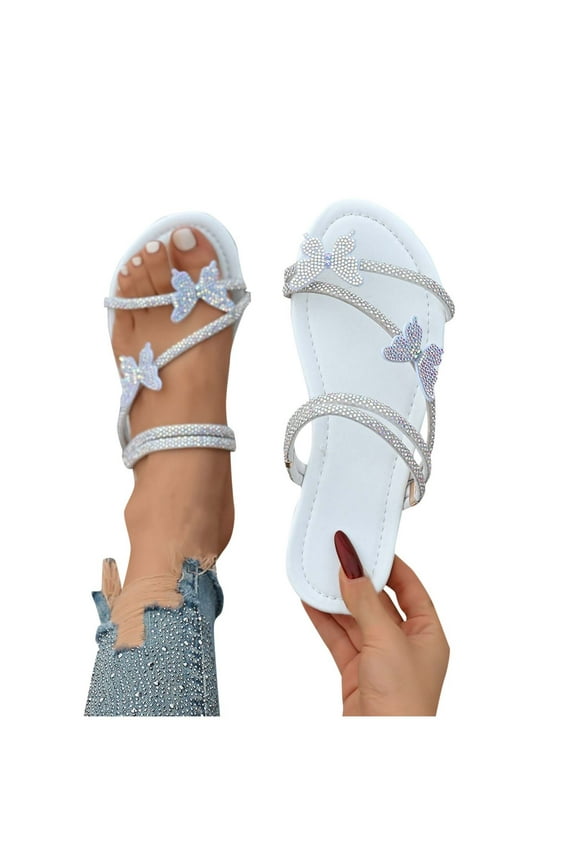 Women's Sparkly Rhinestone Flat Sandals Glitter Bling Butterfly Strappy Open Toe Slides White 6.5(38)