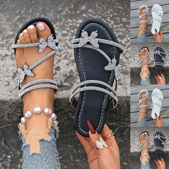 Miluxas Women's Sparkly Rhinestone Flat Sandals Glitter Bling Butterfly Strappy Open Toe Slides White 9.5(43)