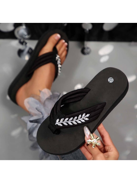 Women's Sparkly Rhinestone Platform Flip Flops Thong Sandals Flower Slip on Wedge Sandals Silver 8.5(41)