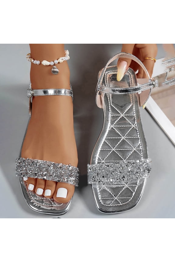 Women's Sparkly Rhinestone Sandals - Gold Ankle Strap Flats, Adjustable Open-Toe Footwear for Party, Wedding & Vacation Silver 5.5(36)