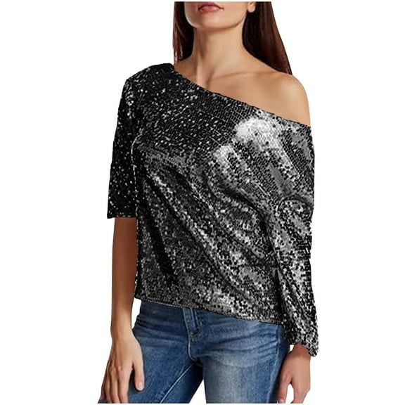 Miluxas Women's Sparkly Sequin Party Tops 3/4 Sleeve off Shoulder Top Blouse Fashion Slim Fit Shirts Black S(S)