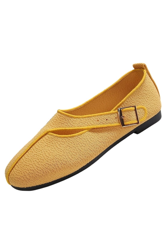 Women’s Split Round Toe Mary Jane Flats, Adjustable Metal Buckle Strap Cutout Slip On Shoes, Soft Textured Casual Walking Loafers Yellow 7(39)