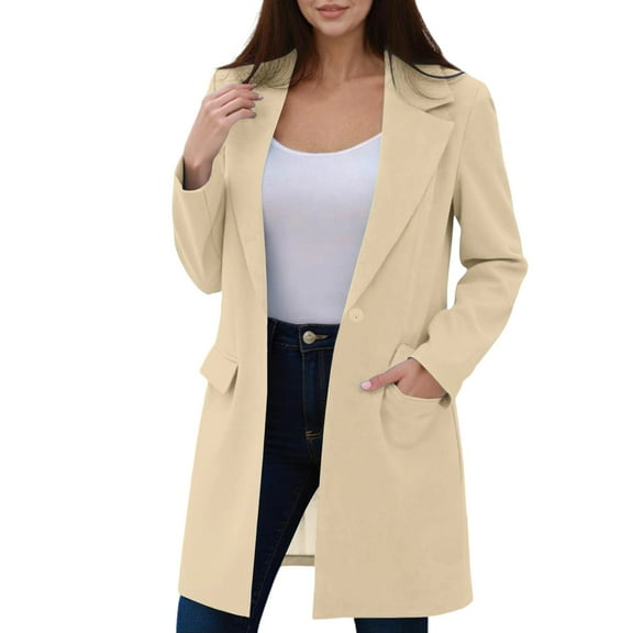 Miluxas Women's Spring Fall Long Blazer Jackets Long Sleeve Lapel Pockets Loose Fit Work Casual Blazers Outerwear Beige L(L)
