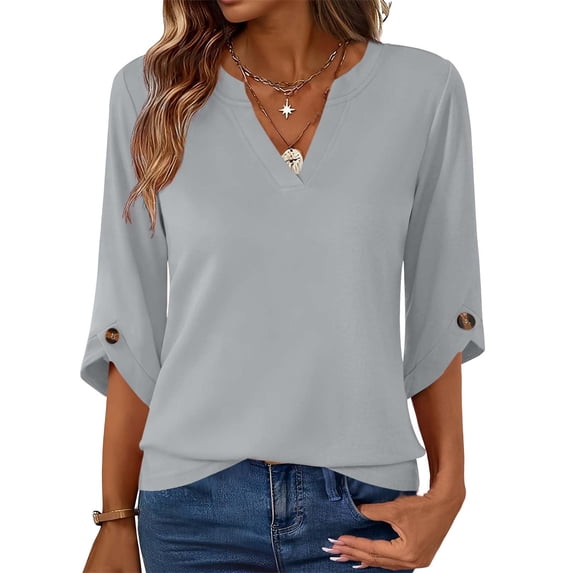 Miluxas Women's Spring/Summer Fashion Sweatshirts Loose 3/4 Sleeve Buttoned V-Neck Solid Color Casual Pullover Tops Gray