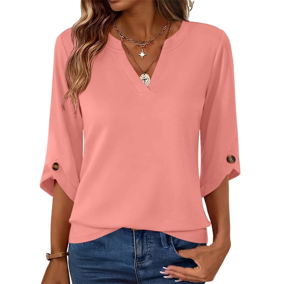 Miluxas Women's Spring/Summer Fashion Sweatshirts Loose 3/4 Sleeve Buttoned V-Neck Solid Color Casual Pullover Tops Orange