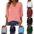 thumbnail image 1 of Miluxas Women's Spring/Summer Fashion Sweatshirts Loose 3/4 Sleeve Buttoned V-Neck Solid Color Casual Pullover Tops White, 1 of 7