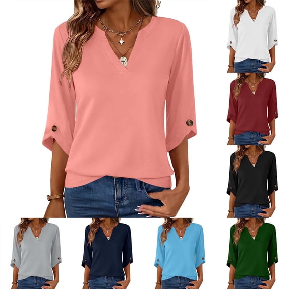 Miluxas Women's Spring/Summer Fashion Sweatshirts Loose 3/4 Sleeve Buttoned V-Neck Solid Color Casual Pullover Tops White