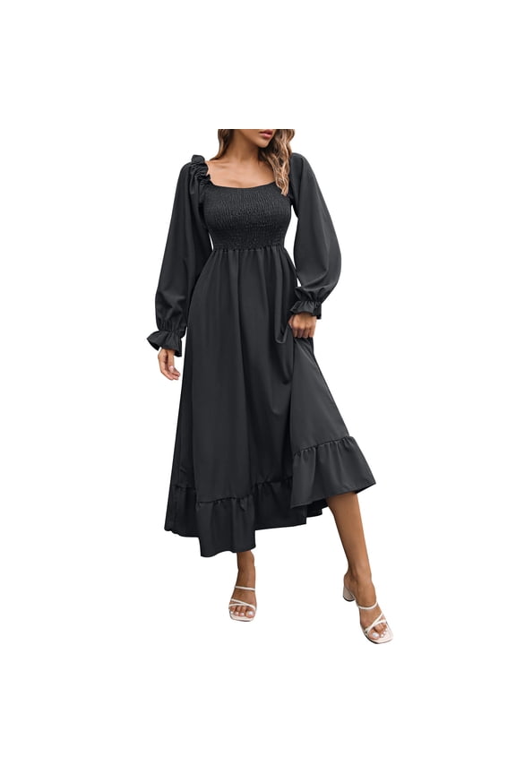 Women's Square Neck Puff Long Sleeve Smocked Back Flared A Line Maxi Long Dress Black L(L)