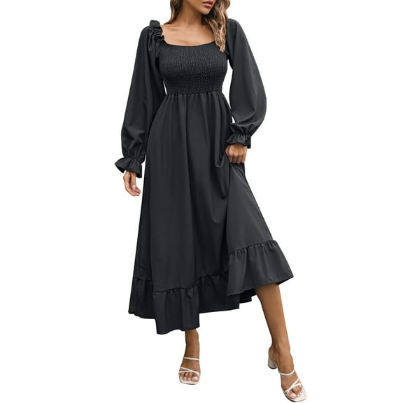 Miluxas Women's Square Neck Puff Long Sleeve Smocked Back Flared A Line Maxi Long Dress Black S(S)