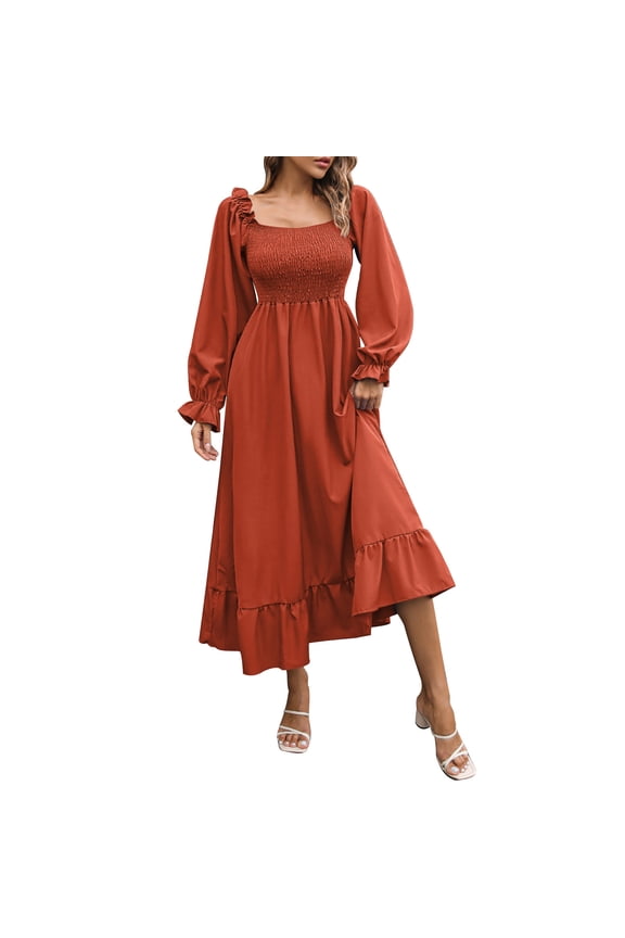 Women's Square Neck Puff Long Sleeve Smocked Back Flared A Line Maxi Long Dress Orange M(M)