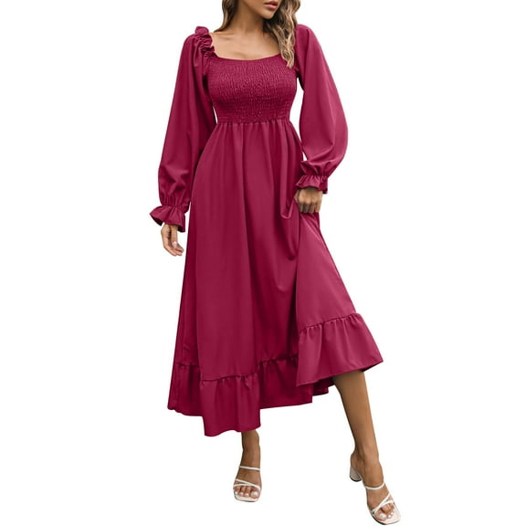 Miluxas Women's Square Neck Puff Long Sleeve Smocked Back Flared A Line Maxi Long Dress Wine L(L)
