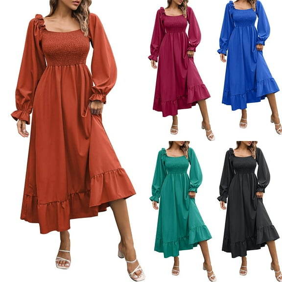 Miluxas Women's Square Neck Puff Long Sleeve Smocked Back Flared A Line Maxi Long Dress Wine XL(XL)