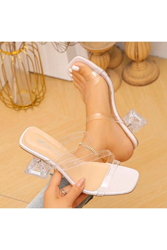 Women's Square Toe Clear Chunky Heel Sandals Transparent Strap Open Toe Block Heel Sandals Slip On Dress Shoes Beige 8.5(41)
