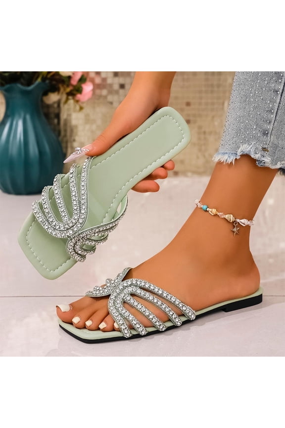 Women's Square Toe Rhinestone Slides Slip on Evening Bling Slipper Flat Sandal Green 5.5(36)