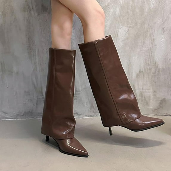 Miluxas Women's Stiletto Heel Knee High Boots Square Toe Slip On Fold Over Boots for Women Leather Comfortable Dress Tall Boots Brown 9(42)