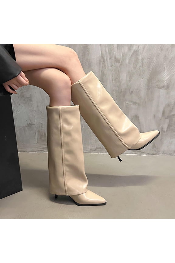 Women's Stiletto Heel Knee High Boots Square Toe Slip On Fold Over Boots for Women Leather Comfortable Dress Tall Boots Khaki 5.5(36)